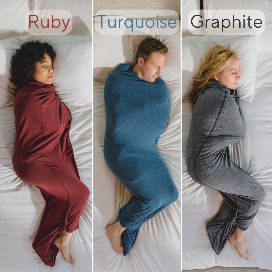 image of woman on bed in sleep pod hood in three different colors grey, teal and ruby)