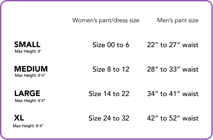Size chart for Sleep Pod showing women's pant and dress sizes and men's waist sizes for Small, Medium, Large, and XL. Small fits women’s sizes 00–6 and men’s 22–27 inch waist, max height 6 feet. Medium fits women’s sizes 8–12 and men’s 28–33 inch waist, max height 6'4”. Large fits women’s sizes 14–22 and men’s 34–41 inch waist, max height 6'4”. XL fits women’s sizes 24–32 and men’s 42–52 inch waist, max height 6'4”.