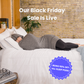 Woman in bed in sleep pod mini graphite color -  badge that says "BOGO 50% OFF ALL SLEEP PODS" and "EARLY BLACK FRIDAY SALE IS LIVE"