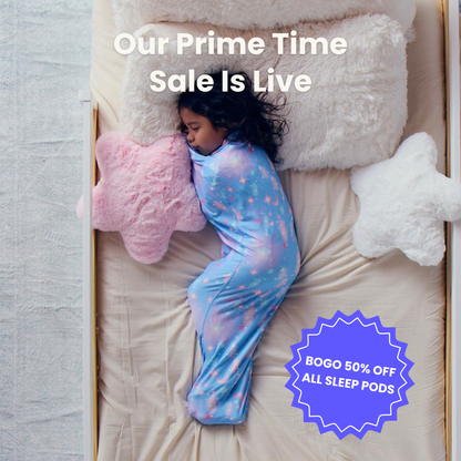 Kid in blue starry sleep pod laying in bed -  badge that says "BOGO 50% OFF ALL SLEEP PODS" and "OUR PRIME TIME SALE IS LIVE"