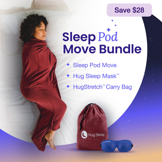 woman in sleep pod move laying in bed with text that reads "sleep pod move, hug sleep mask, Hugstretch™ carry bag"