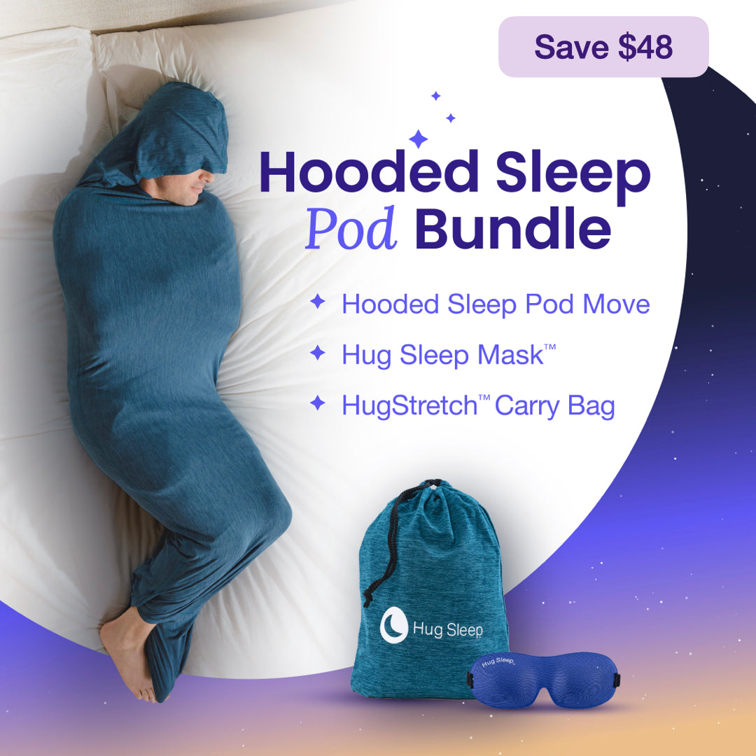 man in sleep pod hood laying in bed with text that reads "hooded sleep pod move, hug sleep mask, Hugstretch™ carry bag"