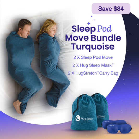 Turquoise bundle - man and woman in sleep pod move laying in bed with text that reads "2x sleep pod move, 2x hug sleep mask, 2x  Hugstretch™ carry bag"