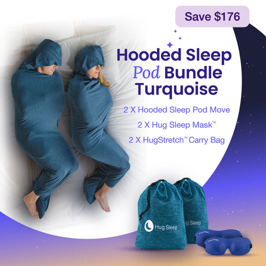 turquoise bundle - man and woman in sleep pod hood laying in bed with text that reads "2x hooded sleep pod move, 2x hug sleep mask, 2x  Hugstretch™ carry bag"