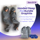 graphite bundle - man and woman in sleep pod hood laying in bed with text that reads "2x hooded sleep pod move, 2x hug sleep mask, 2x  Hugstretch™ carry bag"