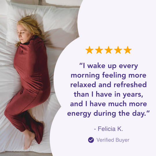 Woman in Sleep Pod Hood in bed laying down - customer testimonial with 5 stars 