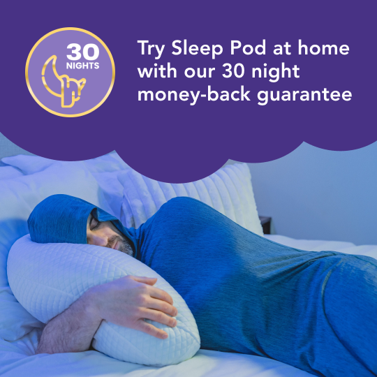 Woman in Sleep Pod Hood in bed laying down with caption that reads :try sleep pod at home with our 30 night money-back guarantee