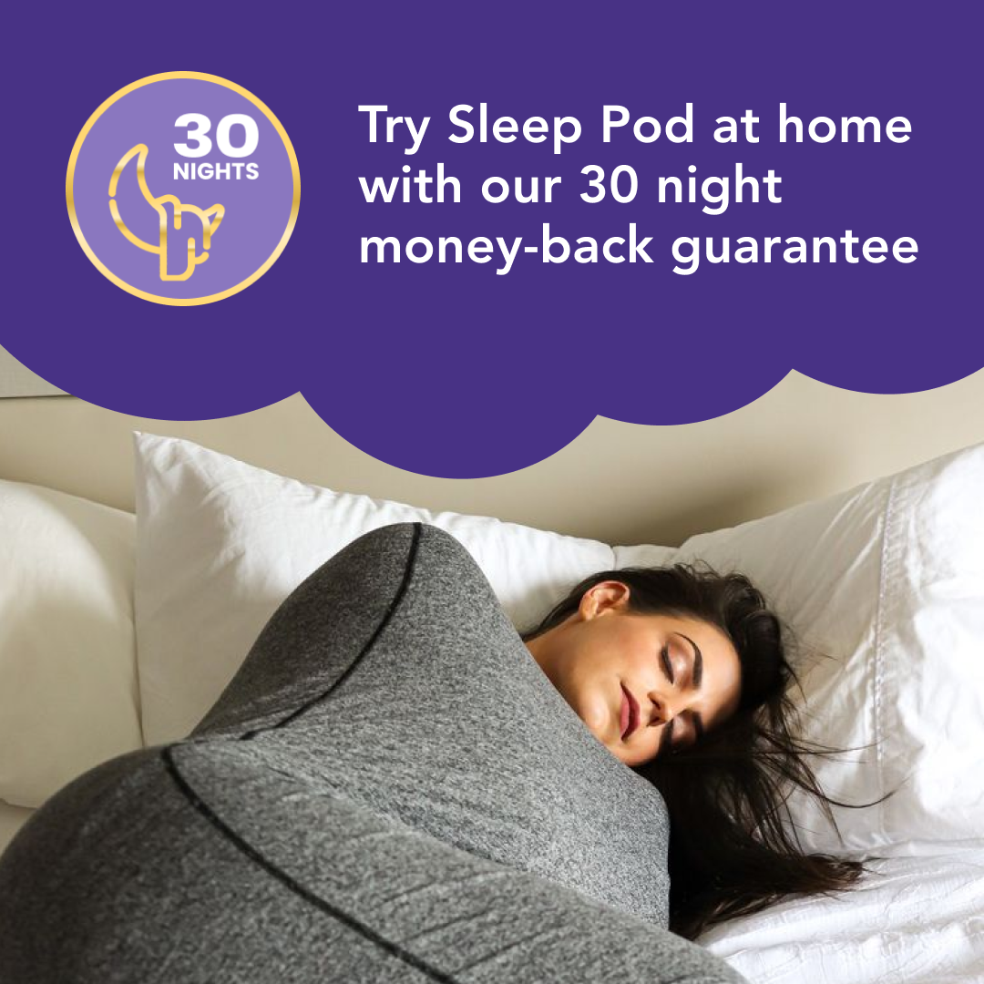 man in sleep pod in bed - "try sleep pod at home with our 30 night money-back guarantee"