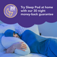 image of man in beed holding pillow in hooded sleep pod move with caption that says "try our sleep pod at home with our 30 night money-back guarantee"