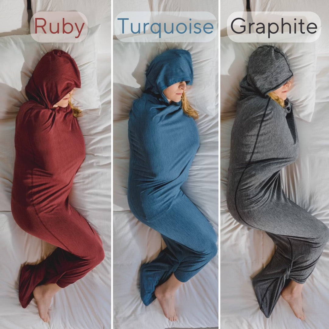 image of woman on bed in sleep pod hood in three different colors
