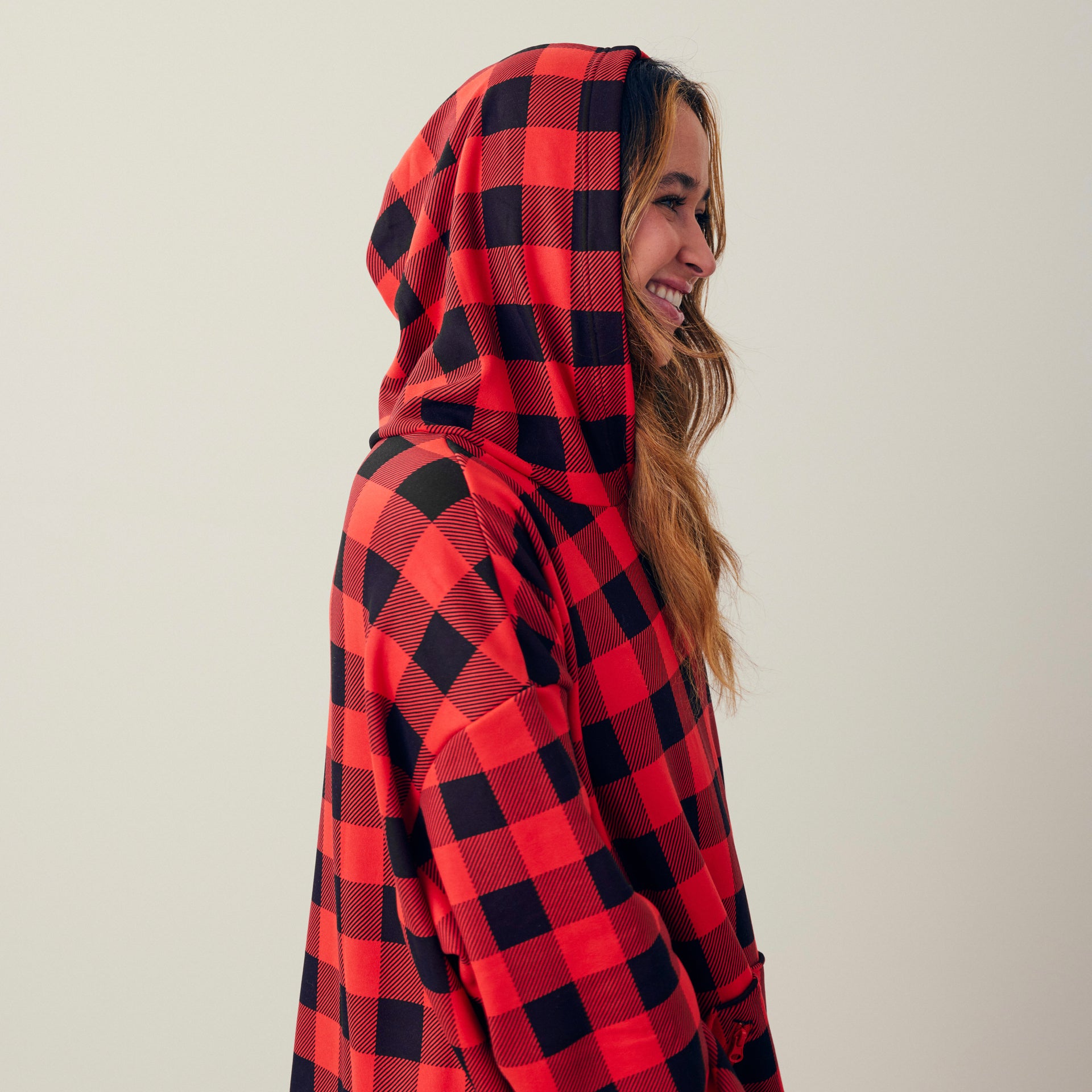 Red#woman wearing hug hoodie with hood up