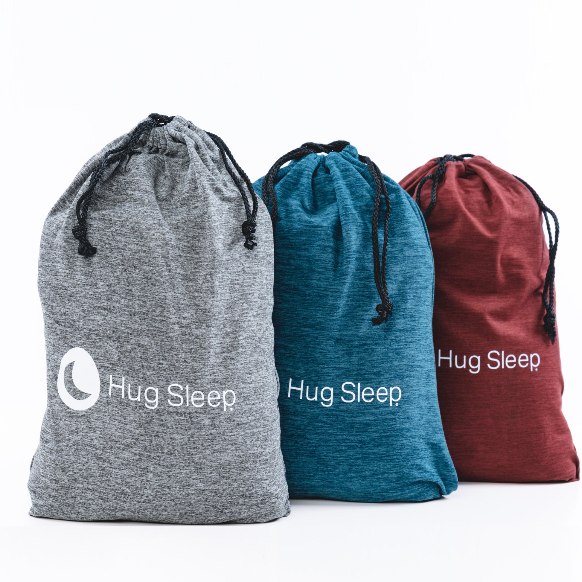 image of three hug stretch™ bags in three colors (grey, teal and ruby)