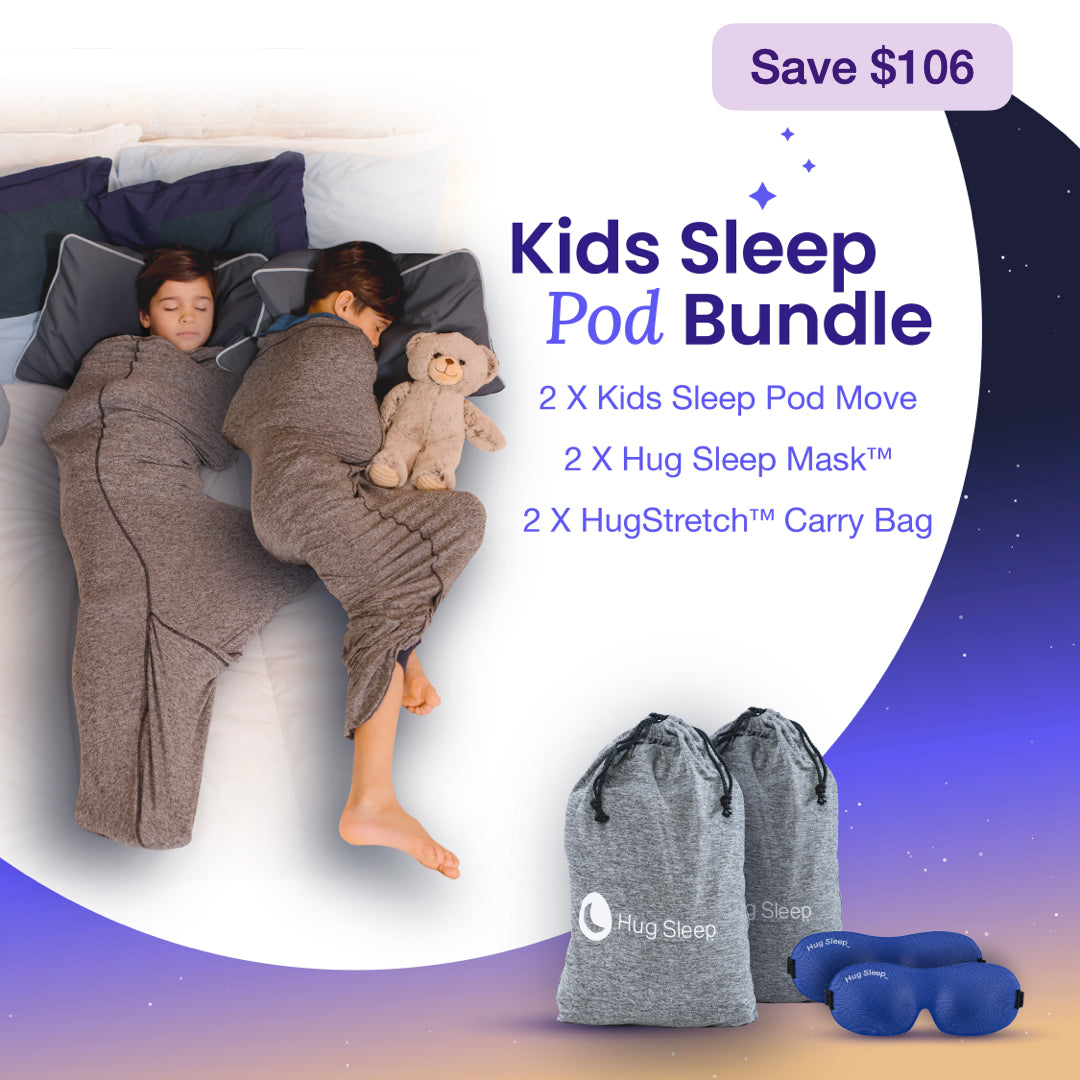 Kids sleep pod bundle - save $106 - 2x kids sleep pod move, 2x hug sleep mask and 2x hug stretch carry bag - shows two kids sleeping in sleep pod with two draw string bags and two sleep masks