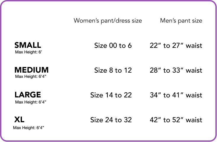 Size chart for small, medium, large and XL. Max height of 6"4'. fits between size 00 (small) up to size 32 (XL)